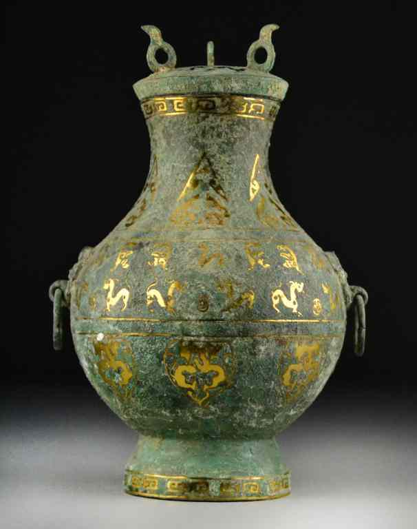 Appraisal: Chinese Archaic Style Bronze Covered VesselFinely cast with gold color