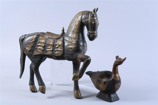 Appraisal: INDIAN BRASS-MOUNTED WOOD FIGURES OF HORSE AND DUCK - Largest