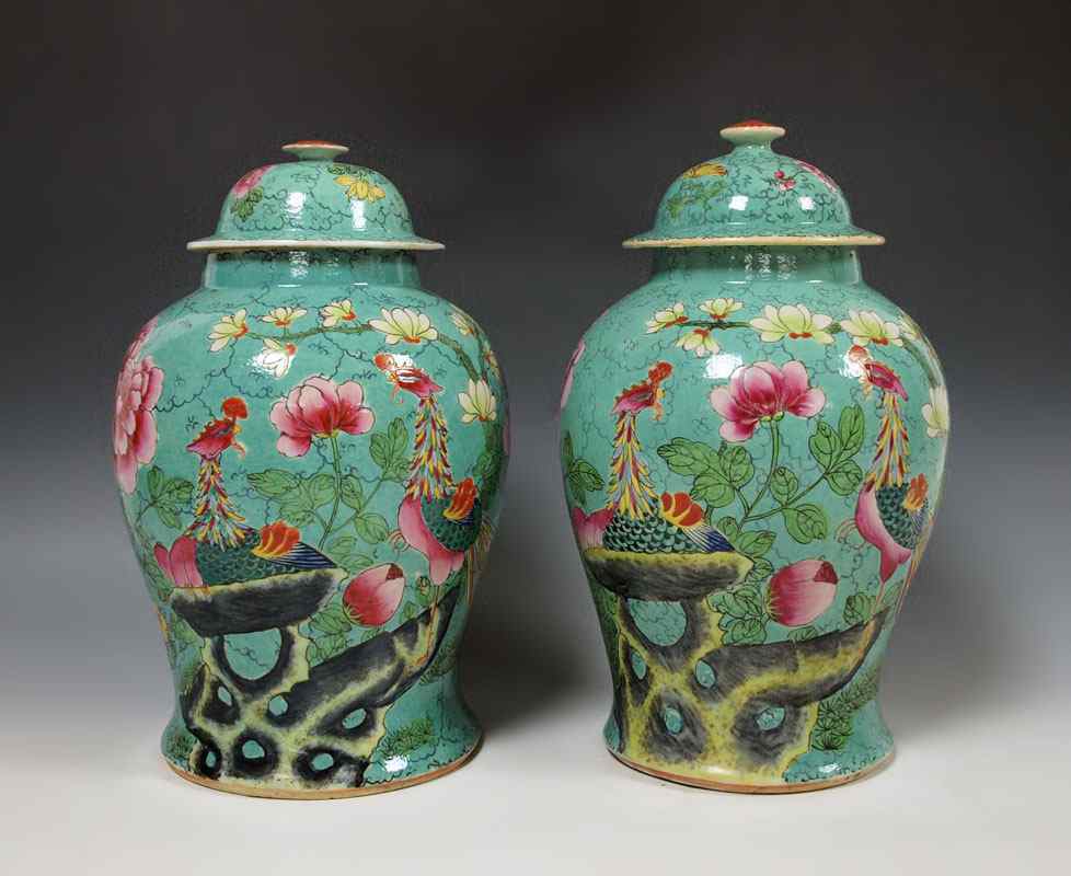 Appraisal: PAIR CHINESE POLYCHROME GINGER JARS ''h approx ''dia bottom marked