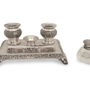 Appraisal: An Italian Silver Standish and a Silver Capped Inkwell th