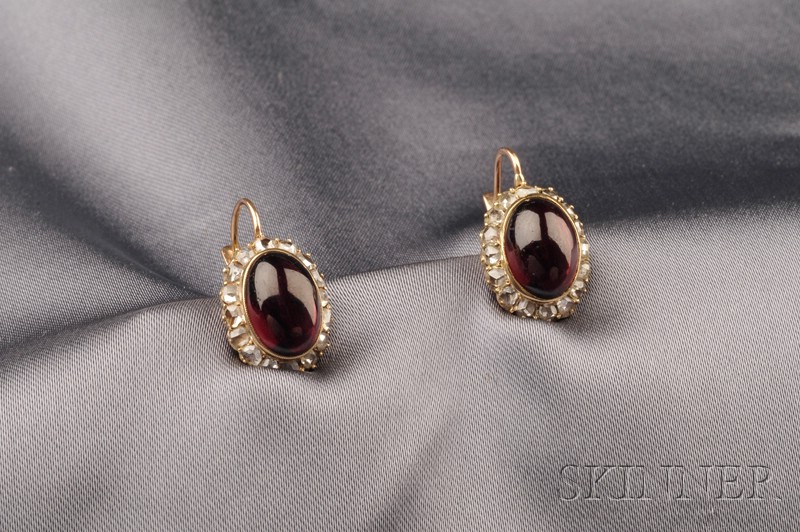 Appraisal: Antique kt Gold Garnet and Diamond Earpendants each bezel-set with