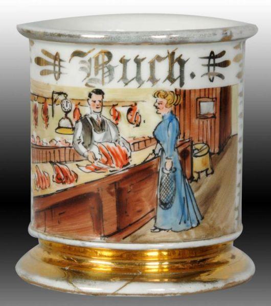 Appraisal: German Occupational Shaving Mug Butcher- Buch Description Butcher slicing meat