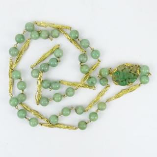 Appraisal: Vintage Chinese Karat Yellow Gold Carved Jade and Jade Bead