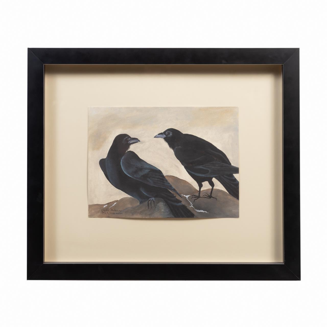 Appraisal: LINDA ANDERSON TWO CROWS M M ON PAPER FRAMED Linda