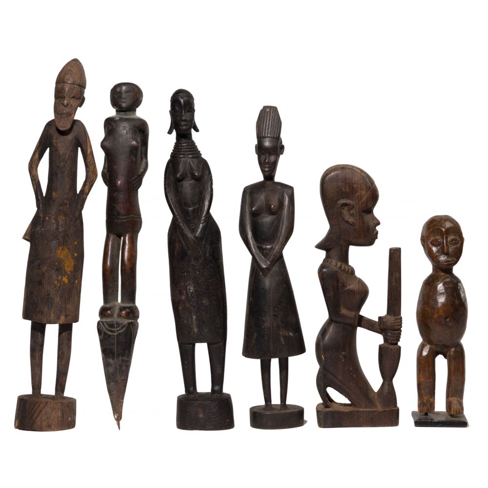 Appraisal: AFRICAN CARVED WOOD FIGURINE ASSORTMENT figural items including with Lega