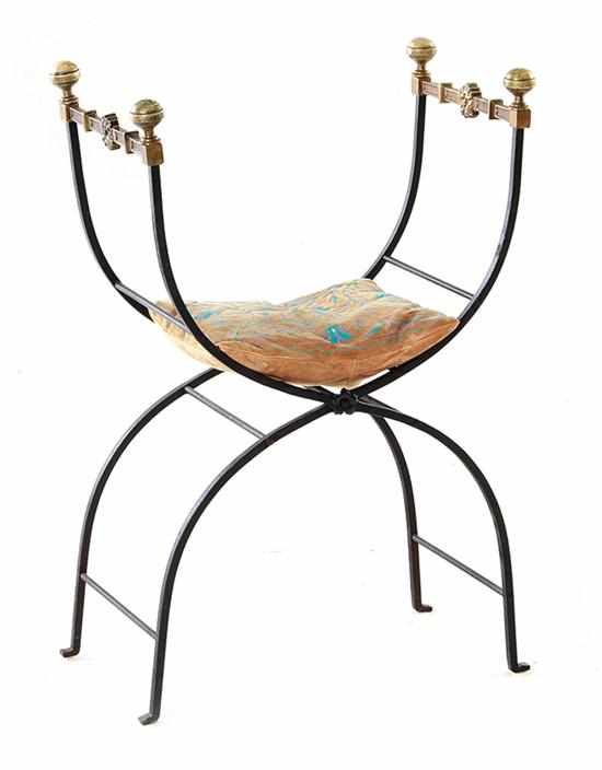 Appraisal: Continental wrought-iron and brass X-brace chair early th century brass