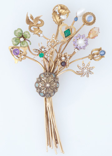 Appraisal: k gold stickpin bouquet brooch comprised of fourteen gemset stickpins