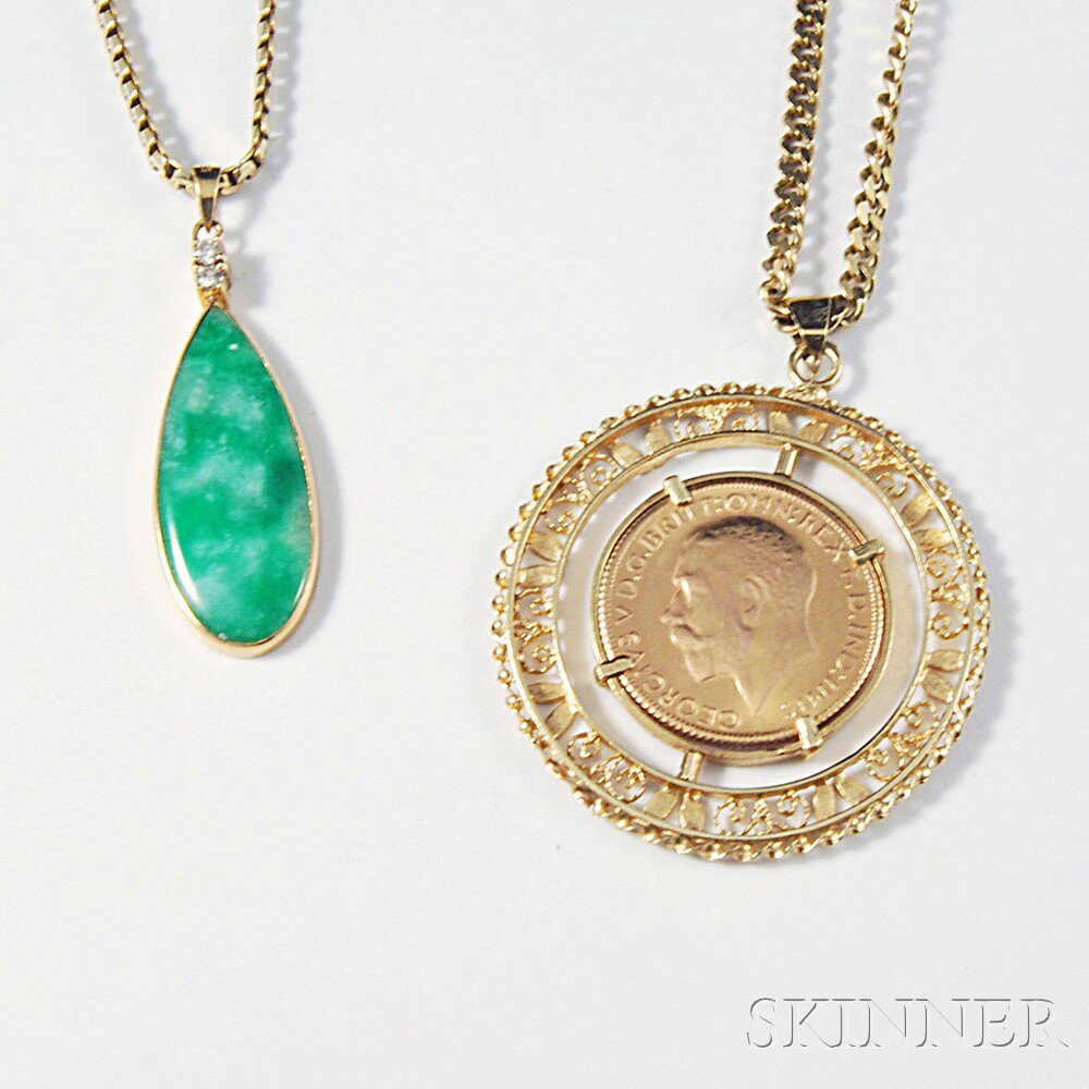 Appraisal: Two kt Gold Pendants and Chains a jade and diamond