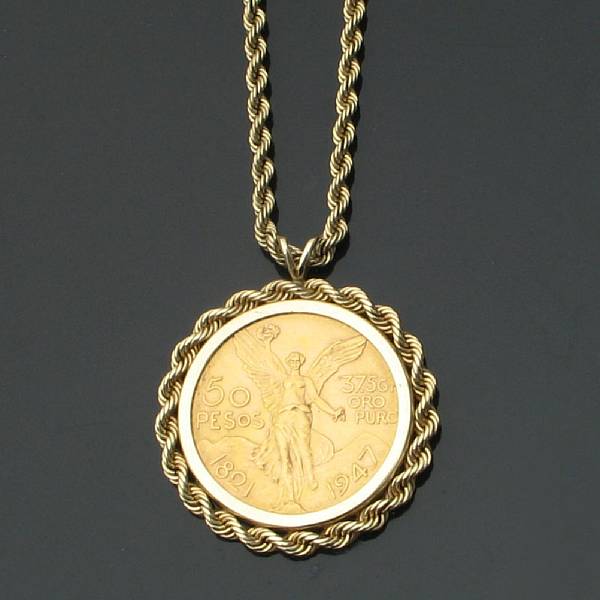 Appraisal: A Mexican peso gold coin pendant with k gold rope