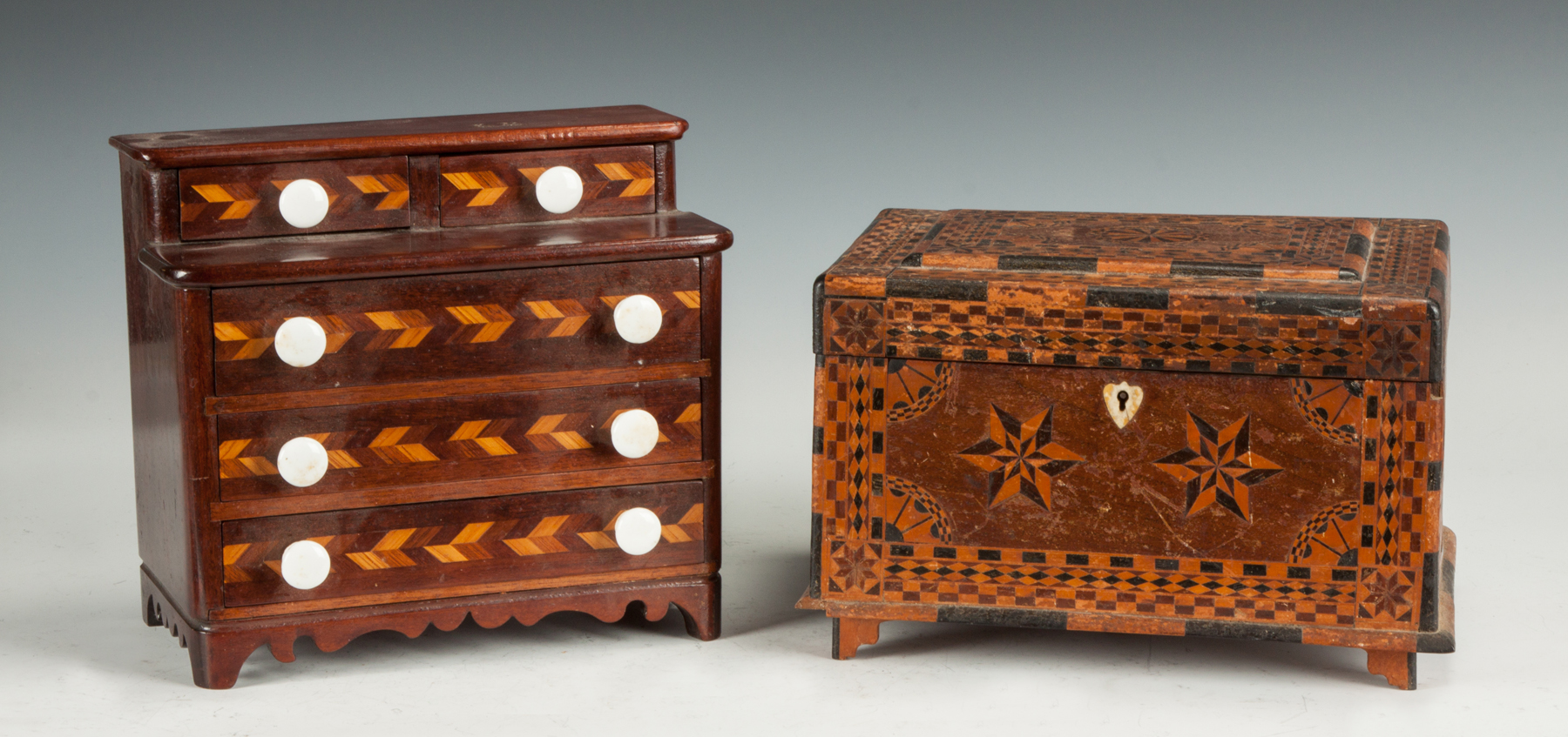 Appraisal: Child's Chest Inlaid Box th cent Walnut inlaid child's chest