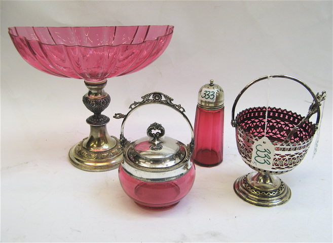 Appraisal: FOUR CRANBERRY GLASS ITEMS LONDON STERLING SPOON pieces including the