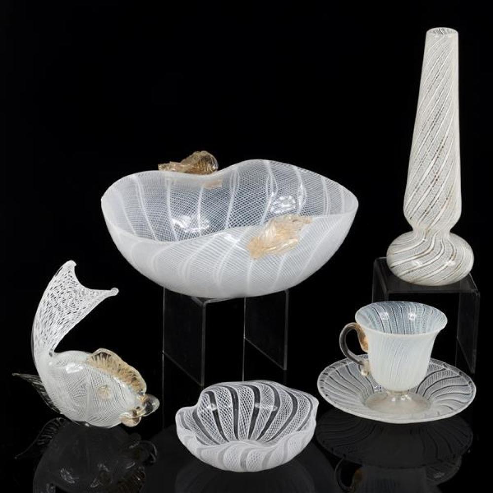 Appraisal: MURANO ITALIAN ART GLASS PC GROUP WITH WHITE LATTICINO AND