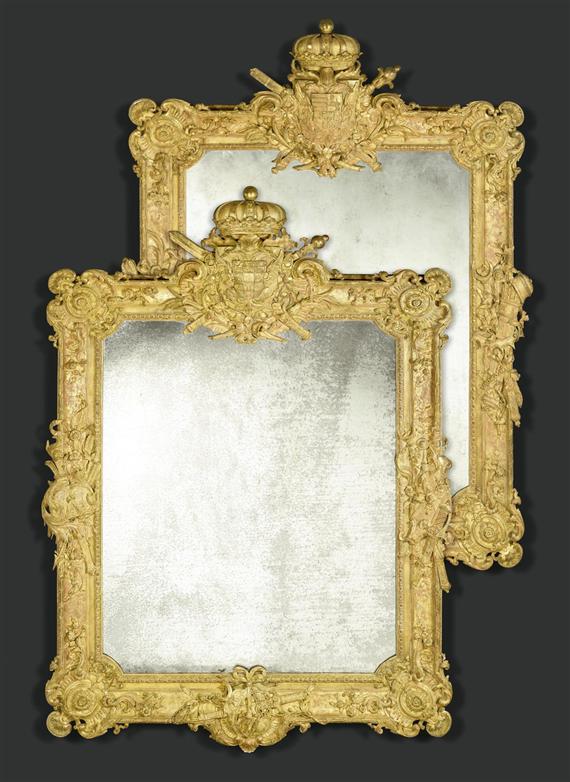 Appraisal: PAIR OF IMPORTANT DUCAL MIRRORS Louis XIV with coat of