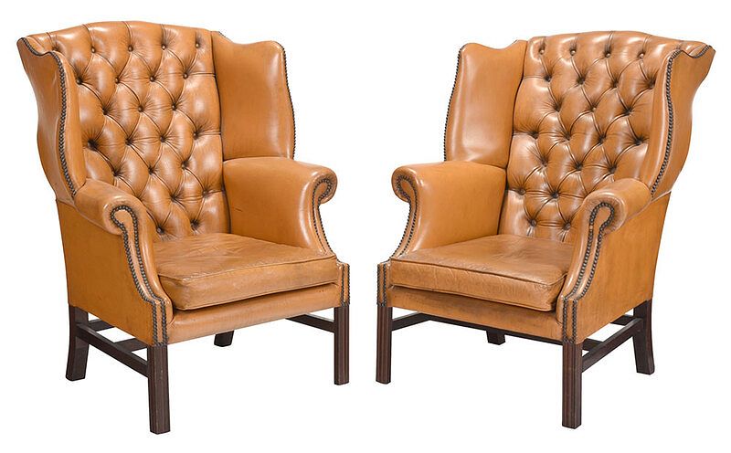 Appraisal: Pair Chippendale Style Tufted Leather Wing Chairs th century each