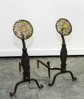 Appraisal: A Pair of Arts Crafts Brass and Iron Andirons circa