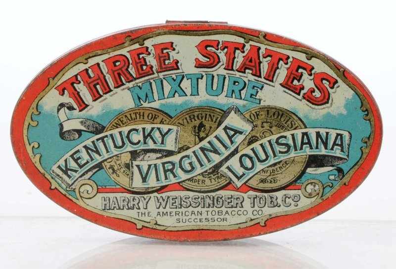 Appraisal: Oval Three States Mixture Flat Tin Description Tobacco manufactured by