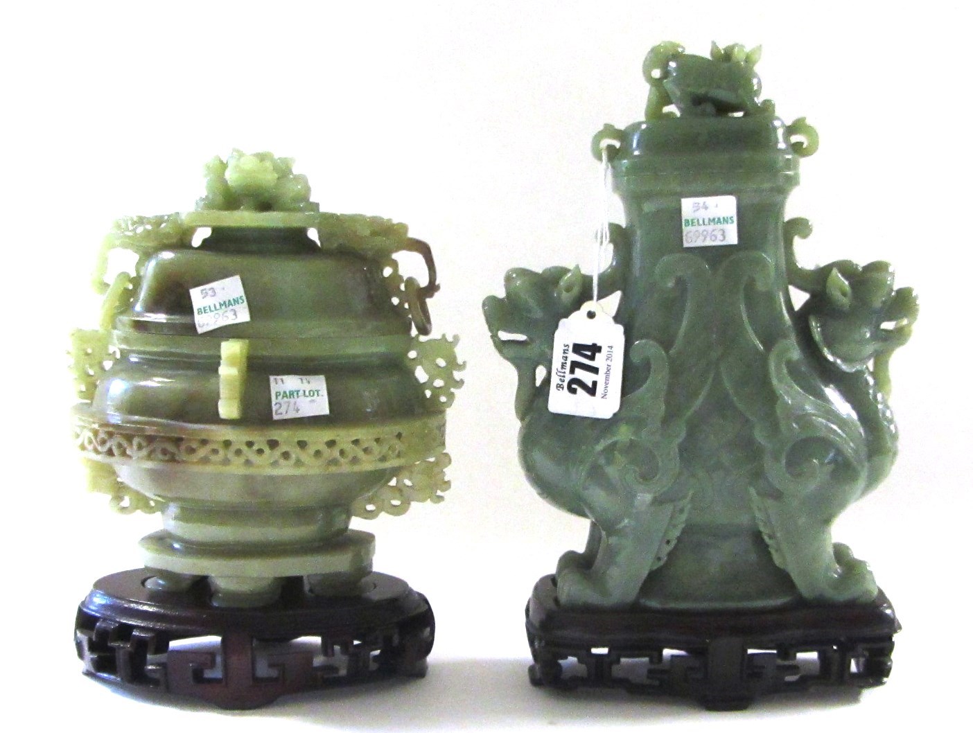 Appraisal: A Chinese jade two-handled koro and cover th century the