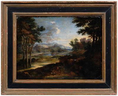 Appraisal: th century Dutch painting Italianate landscape with castle lake and