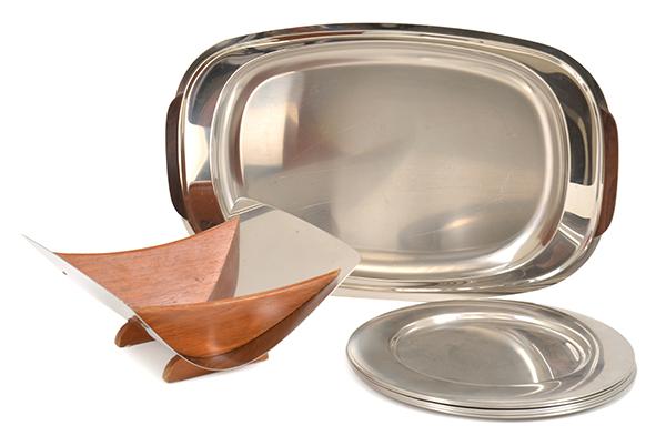 Appraisal: MID-CENTURY SCANDINAVIAN TABLEWARE including a brushed stainless steel and rosewood