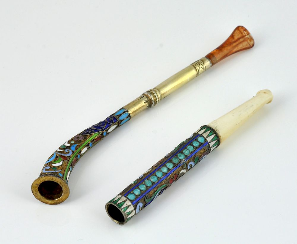 Appraisal: Russian Champleve Cigarette Holders champleve cigarette holders with amber mouthpiece