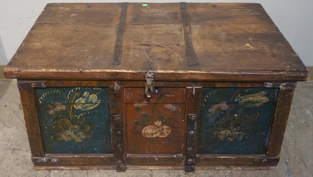 Appraisal: CONTINENTAL IRON MOUNTED PAINTED AND FLORAL DECORATED STAINED PINE STORAGE