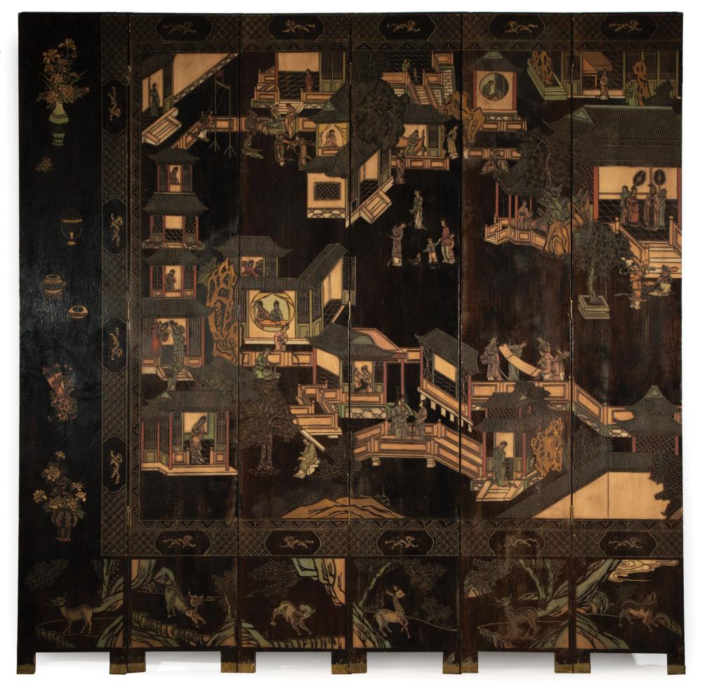 Appraisal: Chinese Carved and Painted Coromandel Lacquer Twelve Panel Longevity Screen