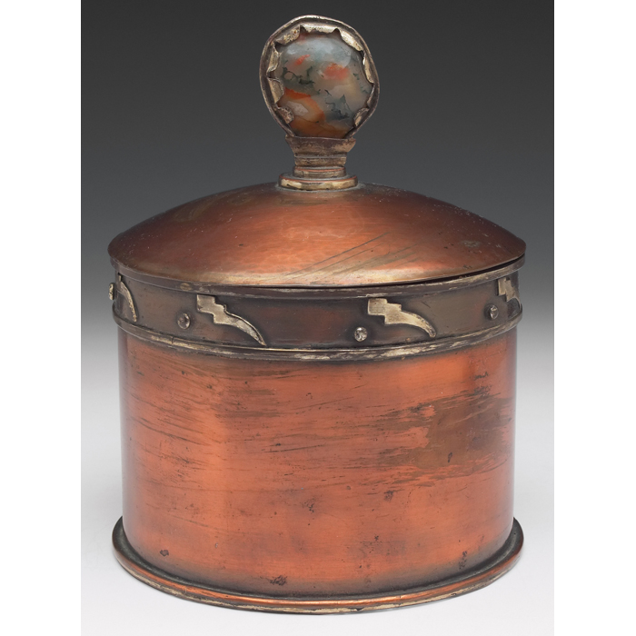 Appraisal: Arts Crafts humidor cylindrical shape in hammered copper applied lightening