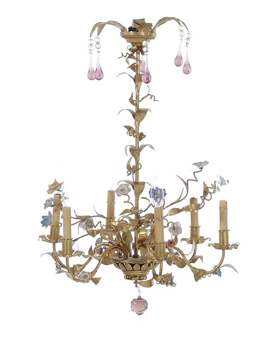 Appraisal: Continental gilt-metal porcelain and crystal six-light chandelier leaf-and-twig design with