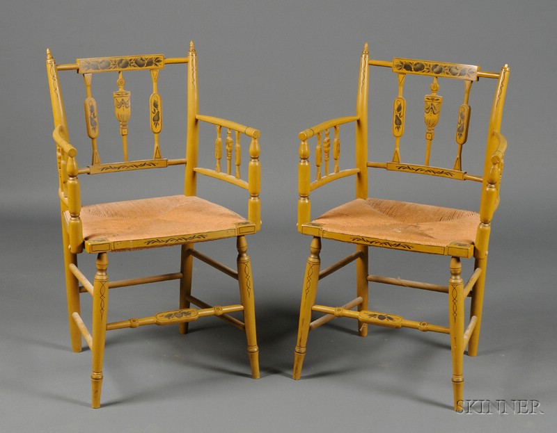 Appraisal: Pair of French-style Stencil Decorated and Painted Ladder-back Armchairs each