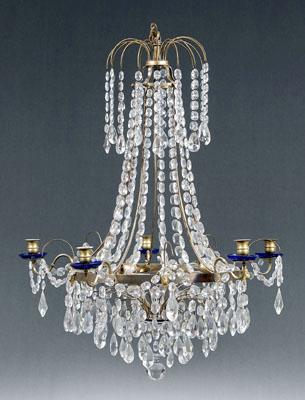 Appraisal: Brass and glass chandelier brass frame with six candle sockets