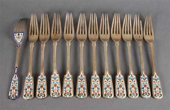 Appraisal: Twelve Russian cloisonne enamel on gilt-silver gilt dessert forks possibly