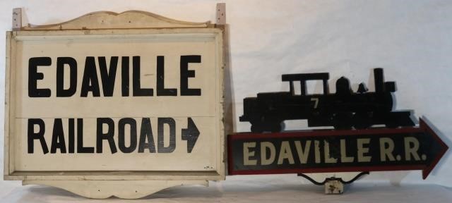 Appraisal: EDAVILLE RAILROAD SIGNS ONE WITH SILHOUETTE OFLOCOMOTIVE BOTH ARE ONE