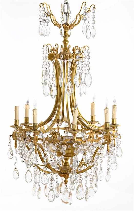 Appraisal: French bronze and crystal nine-light chandelier first half of the