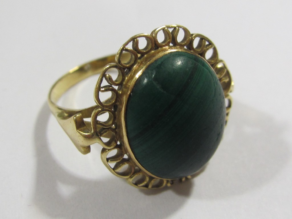 Appraisal: Edwardian high carat gold malachite single stone ring