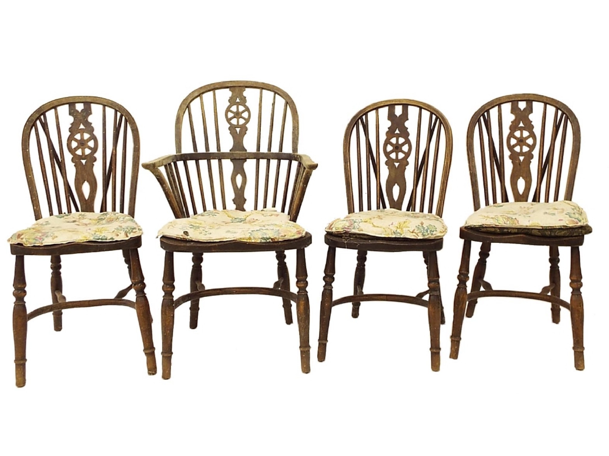 Appraisal: Set of four elm seat wheel back chairs with crinoline