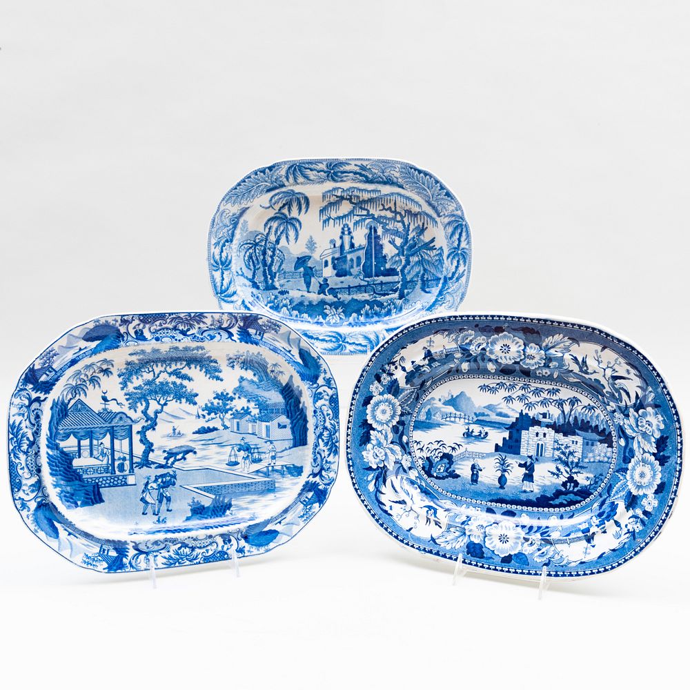 Appraisal: Three English Blue and White Transfer Printed Chinoiserie Platters In