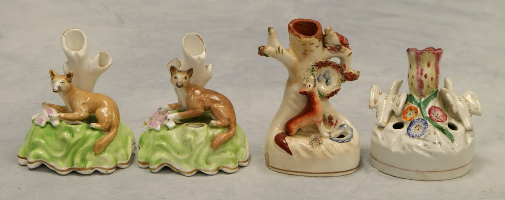 Appraisal: Staffordshire inkwell spill vases foxes and birds tallest top of