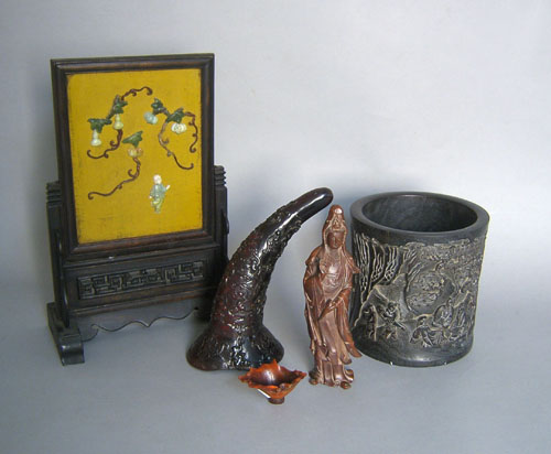 Appraisal: Chinese carved horn cup together with a carved canister small