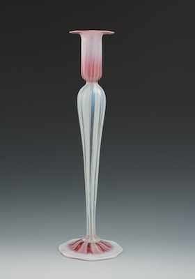 Appraisal: Signed Tiffany Pastel Favrile Candlestick Clear glass stem with white