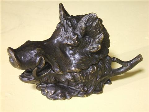 Appraisal: BRONZE BOAR'S HEAD INKWELL The jaw opening to reveal a