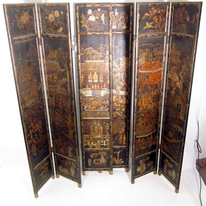 Appraisal: Chinese black lacquered six-panel folding floor screen th century