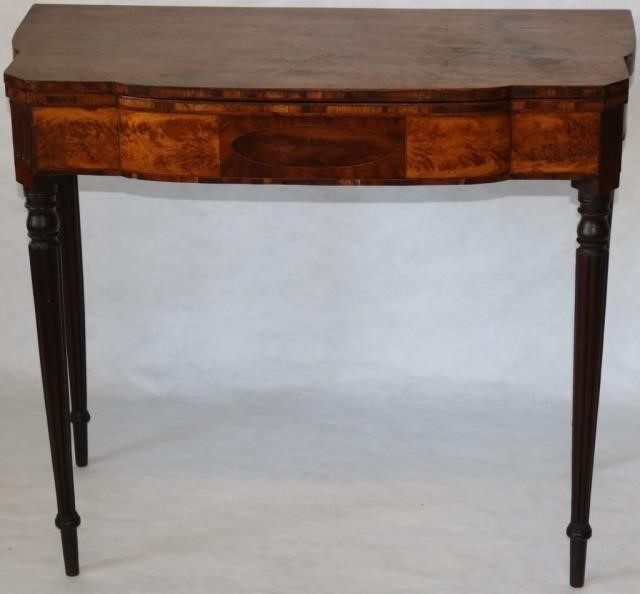 Appraisal: AMERICAN FEDERAL INLAID CARD TABLE UNUSUALSHAPED TOP WITH SLENDER REEDED