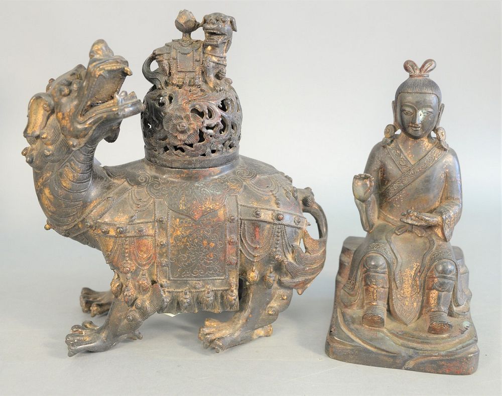 Appraisal: Two Chinese bronzes large Foo lion bronze censer with reticulated