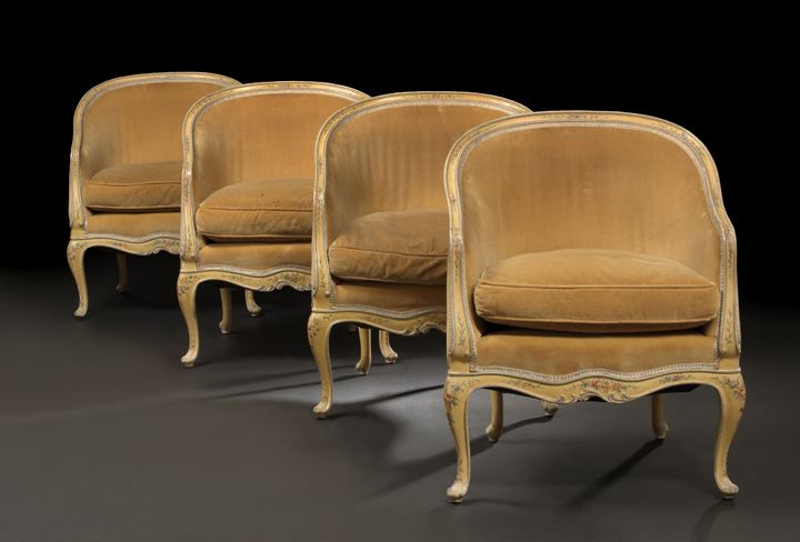 Appraisal: Suite of Four Italian Polychromed and Upholstered Tub Chairs early