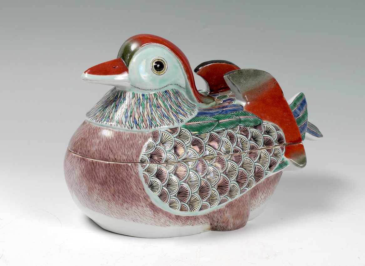 Appraisal: CHINESE EXPORT POLYCHROME DUCK COVERED TUREEN Polychrome earthenware duck form