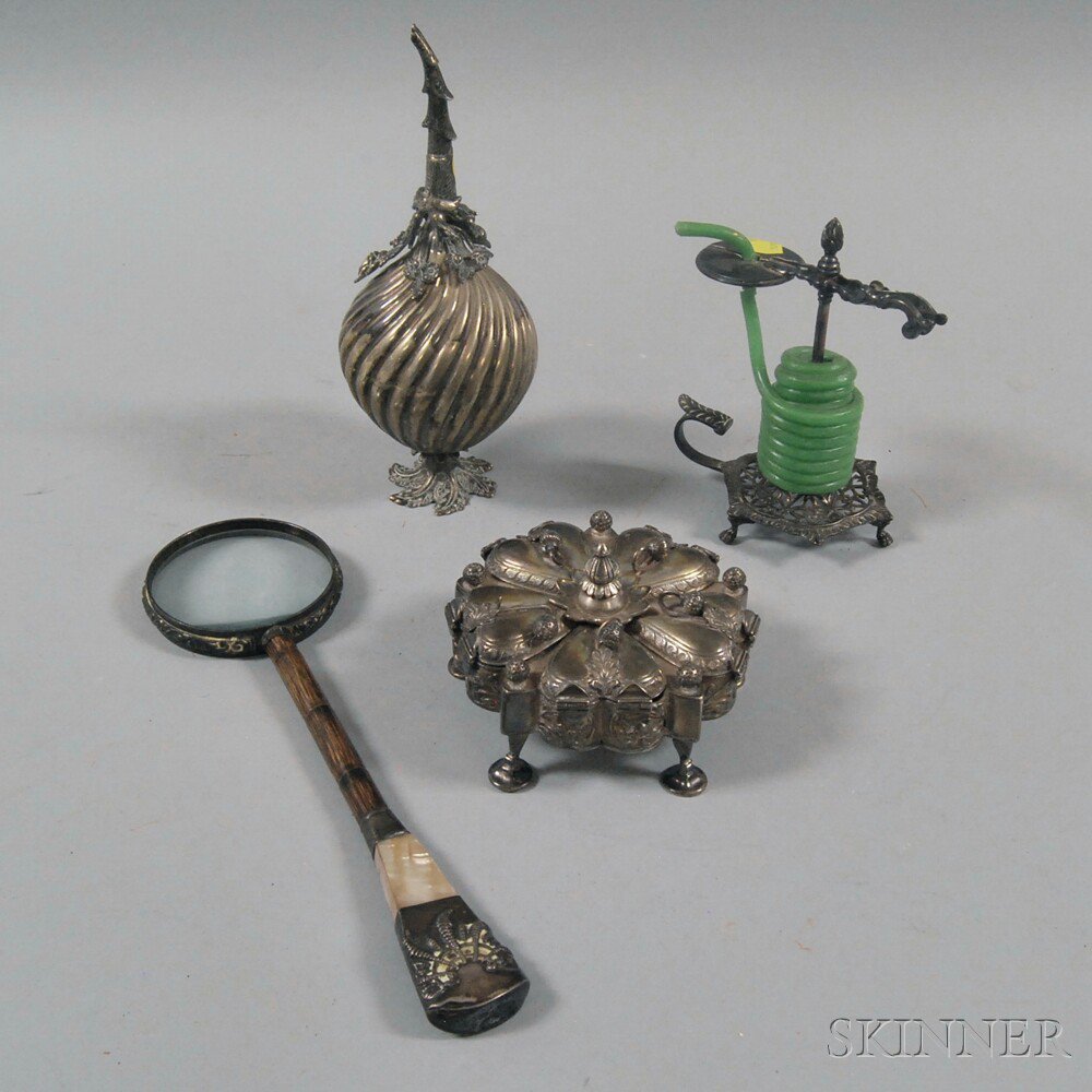 Appraisal: Four Miscellaneous Items a bamboo-handled magnifying glass with sterling silver