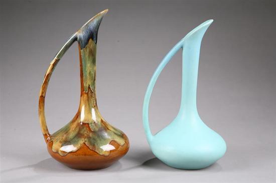 Appraisal: TWO VAN BRIGGLE VASES Similar handled vases one blue h