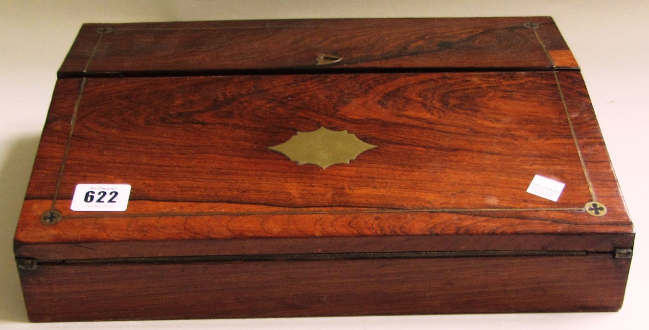 Appraisal: A Victorian inlaid rosewood slope front writing box with fitted