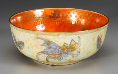 Appraisal: Wedgwood lustre butterfly bowl iridescent golden yellow exterior with polychrome