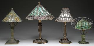 Appraisal: FOUR METAL OVERLAY LAMPS Boudoir lamp has six panel shade